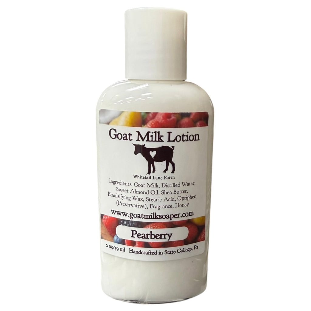 Bottle of Goat Milk Lotion with Pearberry scent on a white background