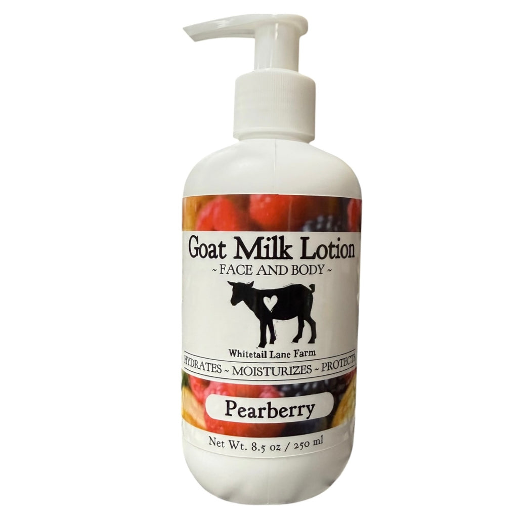 Goat milk lotion bottle with pearberry flavor on a white background