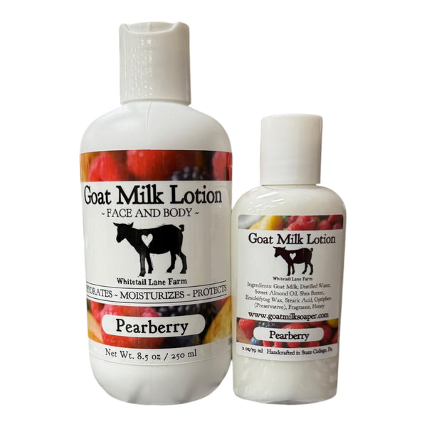 Two bottles of Goat Milk Lotion with 'Pearberry' flavor on a white background