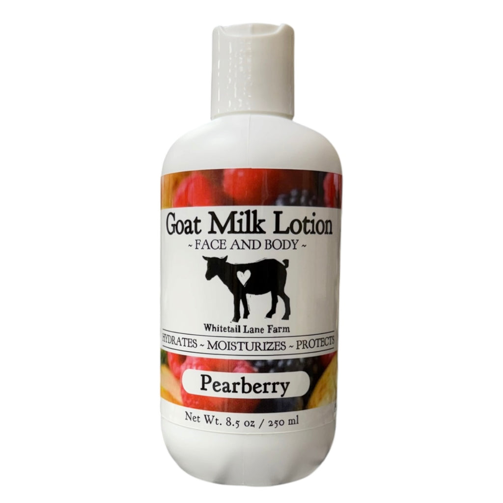Goat milk lotion bottle with pearberry flavor on a white background