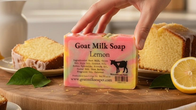 A hand holds a bar of Goat Milk Soap Lemon in a pink and yellow package, set on a wooden cutting board with sliced lemonade cake, a lemon half, and green leaves in a bright kitchen setting.