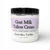 Jar of Goat Milk Tallow Cream with lavender label on a white background