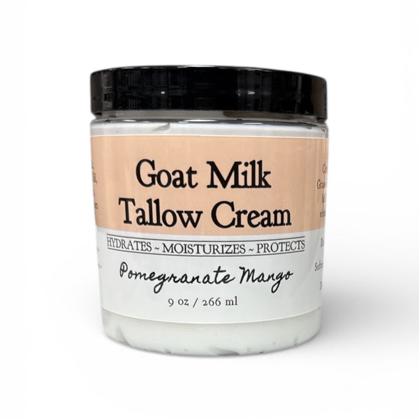 Jar of Goat Milk Tallow Cream with a black lid on a white background