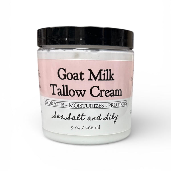 Jar of Goat Milk Tallow Cream with a black lid on a white background