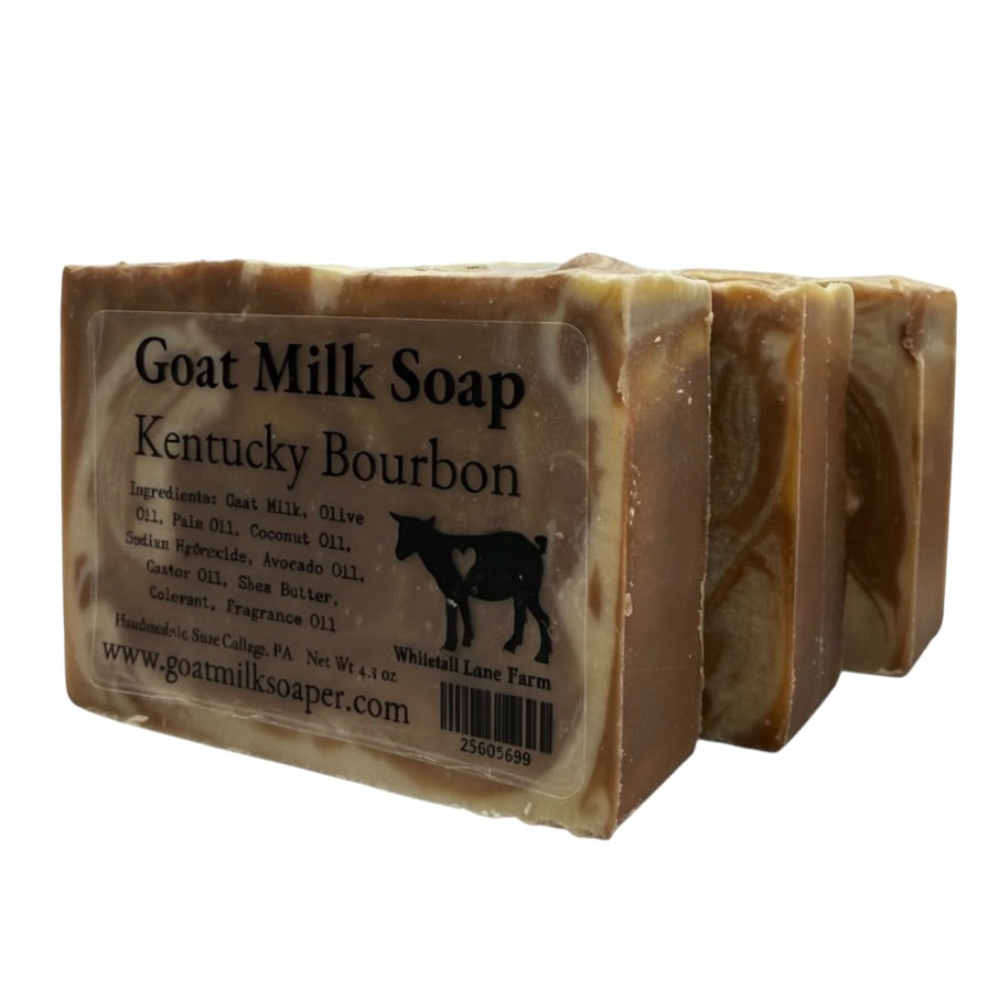 3 Kentucky Bourbon Goat Milk Soap with a label on a white background