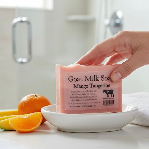 Goat milk soap bar with 'Mango Tangerine' scent held by a hand, surrounded by fruits on a bathroom counter.