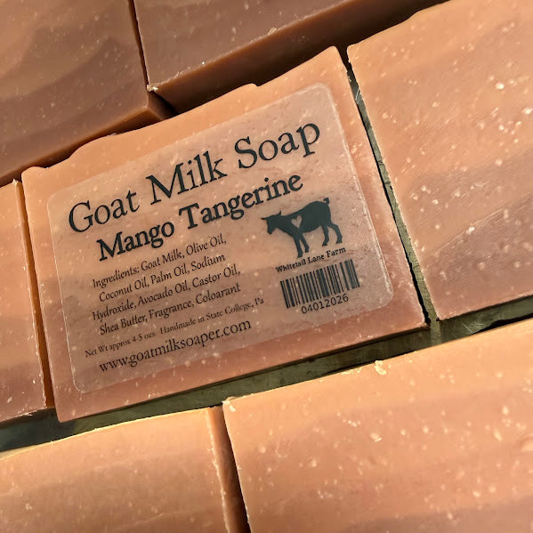 Goat milk soap bars with a label on a wooden surface