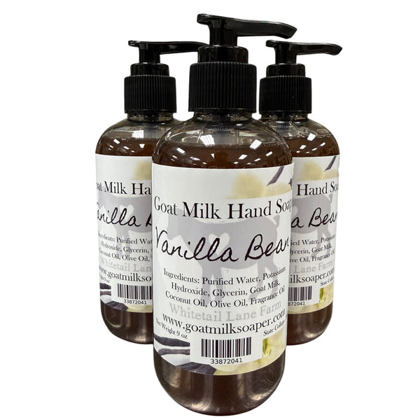 Three bottles of Vanilla Bean Goat Milk Hand Soap on a white background