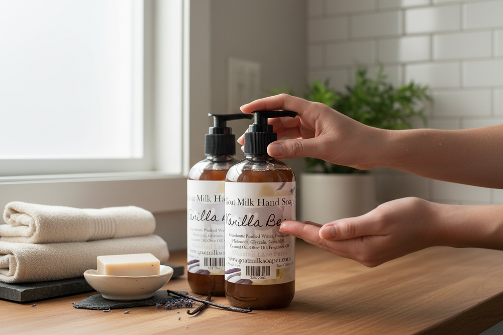 Two bottles of vanilla milk soap on a wooden surface with a hand reaching for one bottle.