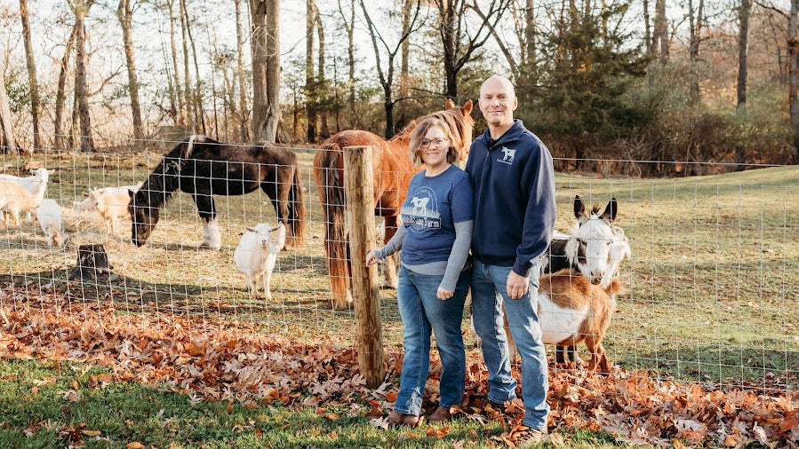 Couple on farm with horses and goats.