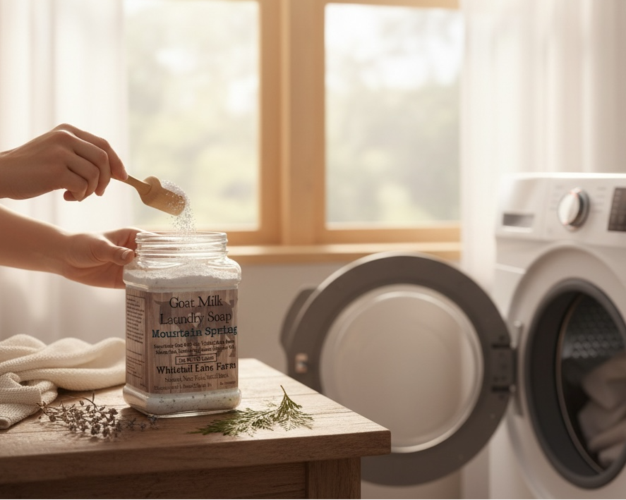 Person measuring laundry detergent into a jar in a laundry room with washing machines.