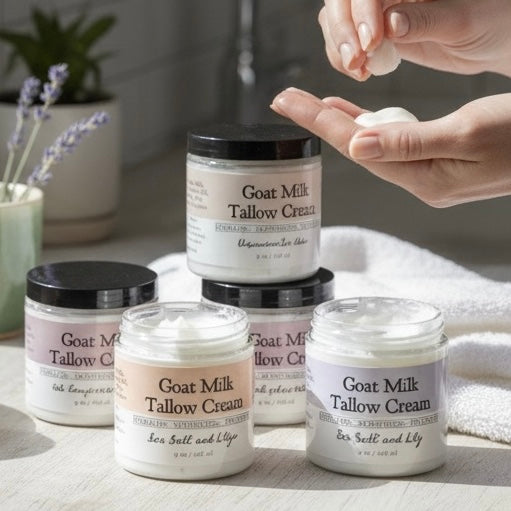 Goat Milk Tallow Cream jars with a hand applying cream.