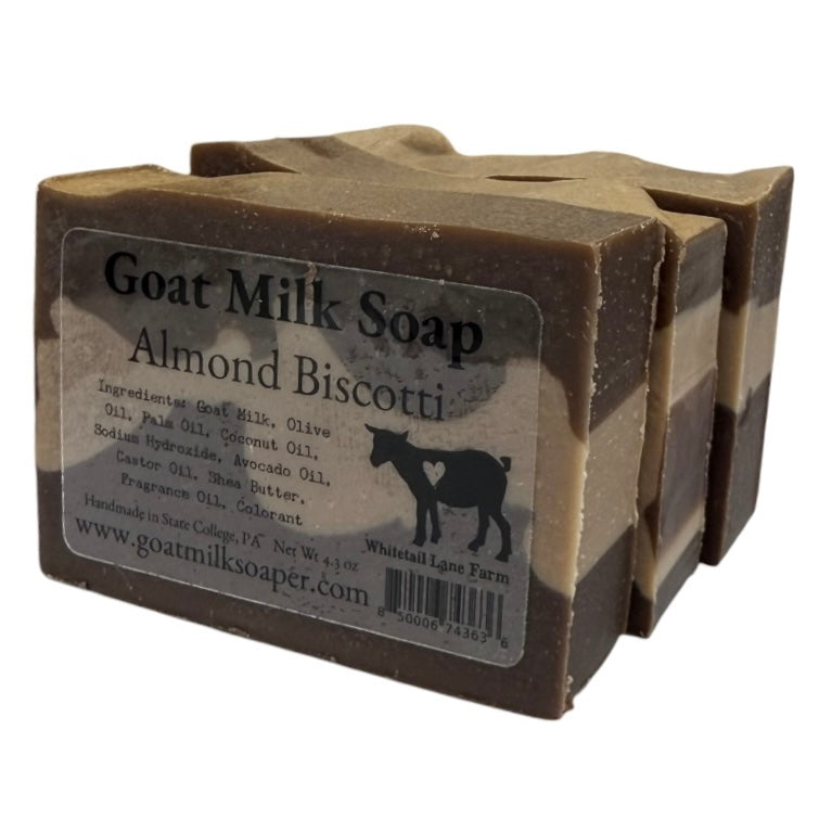 Goat Milk Soap Almond Biscotti with a label on a white background
